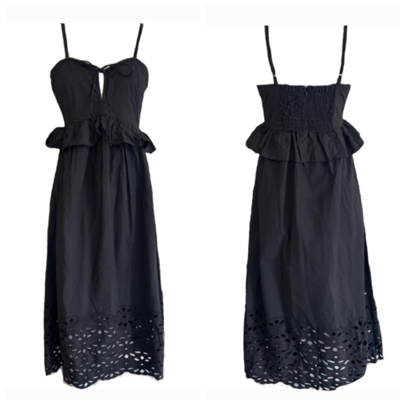 New Caroline Constas Embroidered Peplum Waist Spaghetti Strap Black Dress NWT - Picture 1 of 12